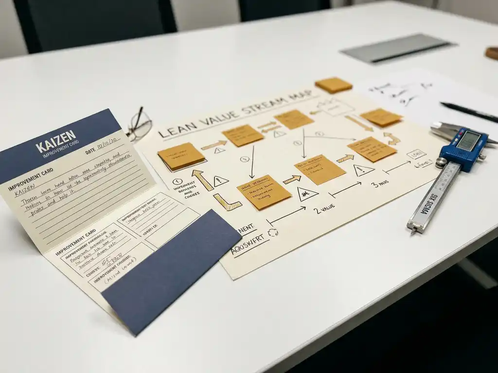 Kaizen-verbeterkaart, lean value stream map en six sigma meetinstrument op een witte vergadertafel.