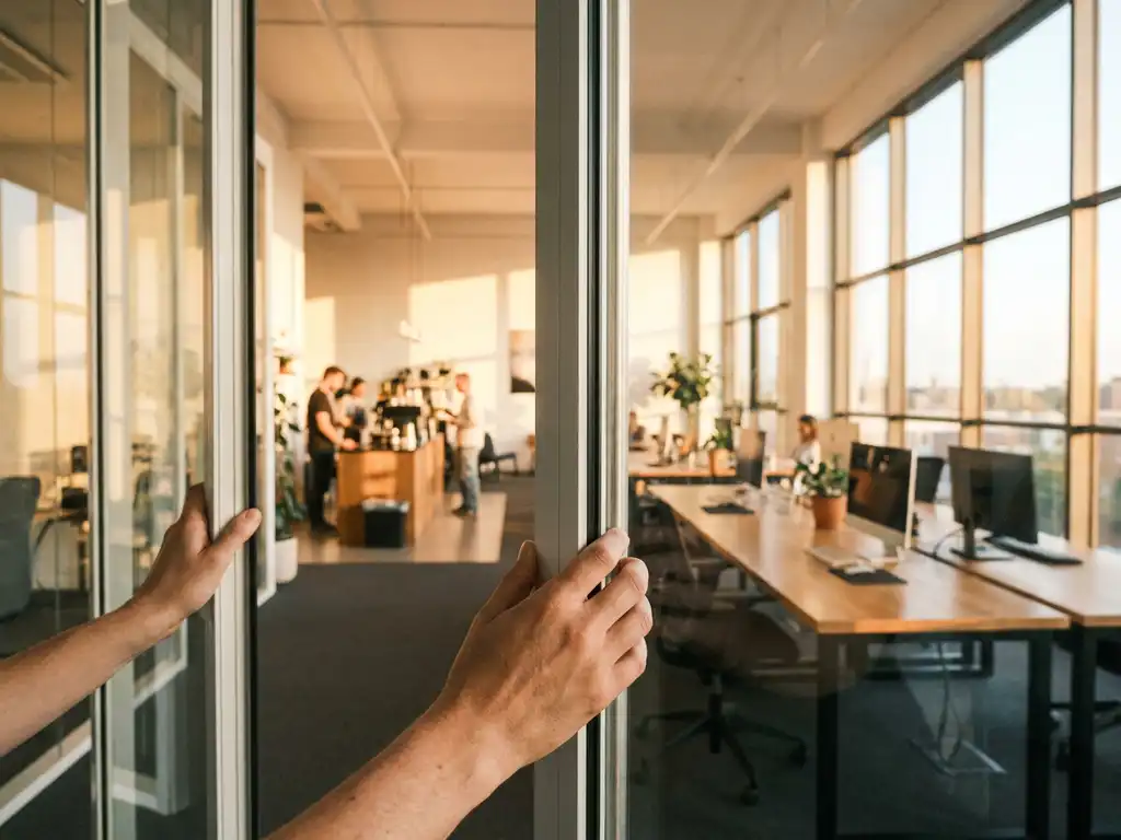 Handen schuiven glazen kantoorscheidingswanden opzij, met een open collaboratieve werkruimte en vloer-tot-plafond ramen in warm middagslicht erachter.