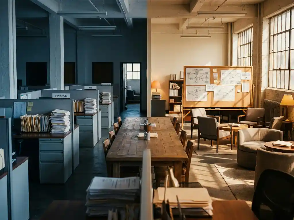 Groot open kantoor met houten vergadertafel: links rigide afdelingsclusters met mappen, rechts circulaire samenwerkingsopstelling met proceskaarten op prikbord.