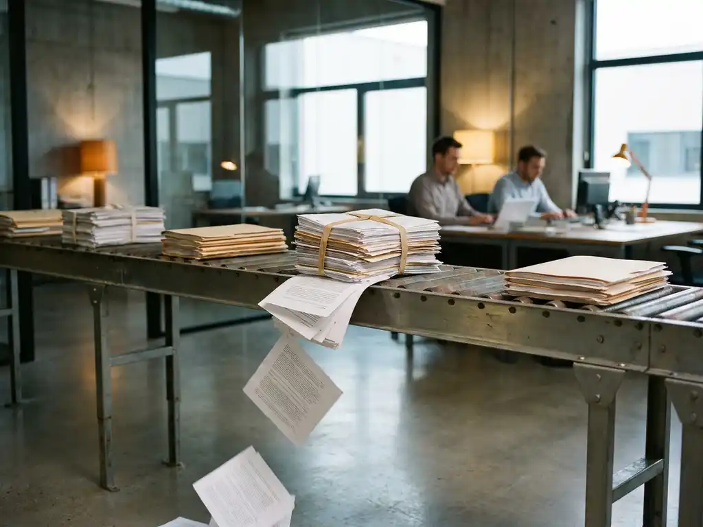 Transportband in modern kantoor met stapels mappen en documenten, waarbij één stapel papieren op de vloer lekt.