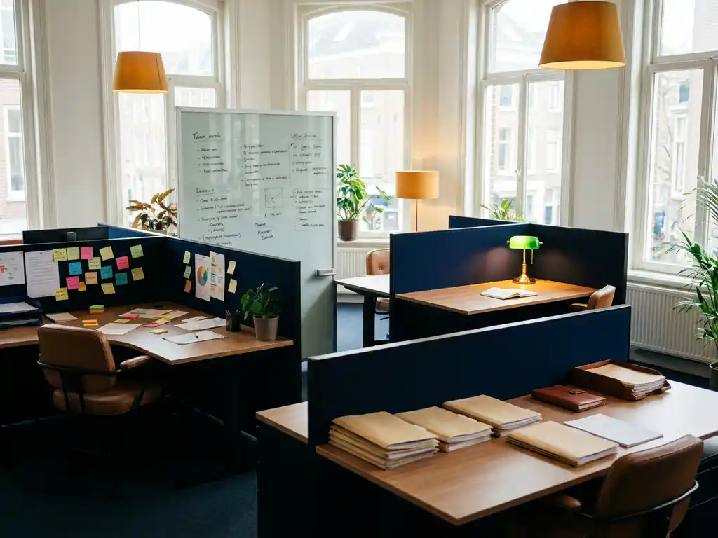 Vier bureauhoeken in een open kantoorruimte met verschillende managementstijlen, warm amberkleurig licht en hoog ramen.