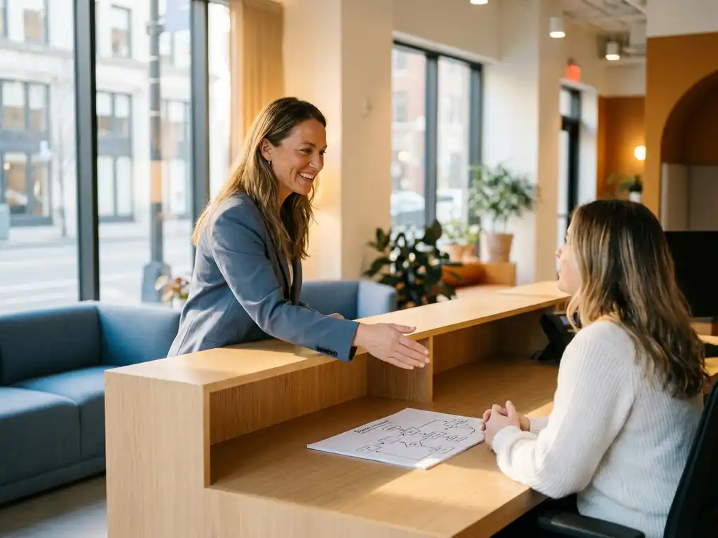 Klantenservicemedewerker leunt glimlachend over receptiebalie naar klant, processtroomschema zichtbaar, modern Nederlands kantoor met warm middaglicht.