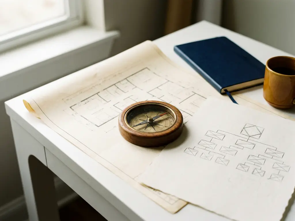 Kompas op een architectonisch plattegrond naast een potloodschets van een organogram, notitieboek en koffiekop op een wit bureau.