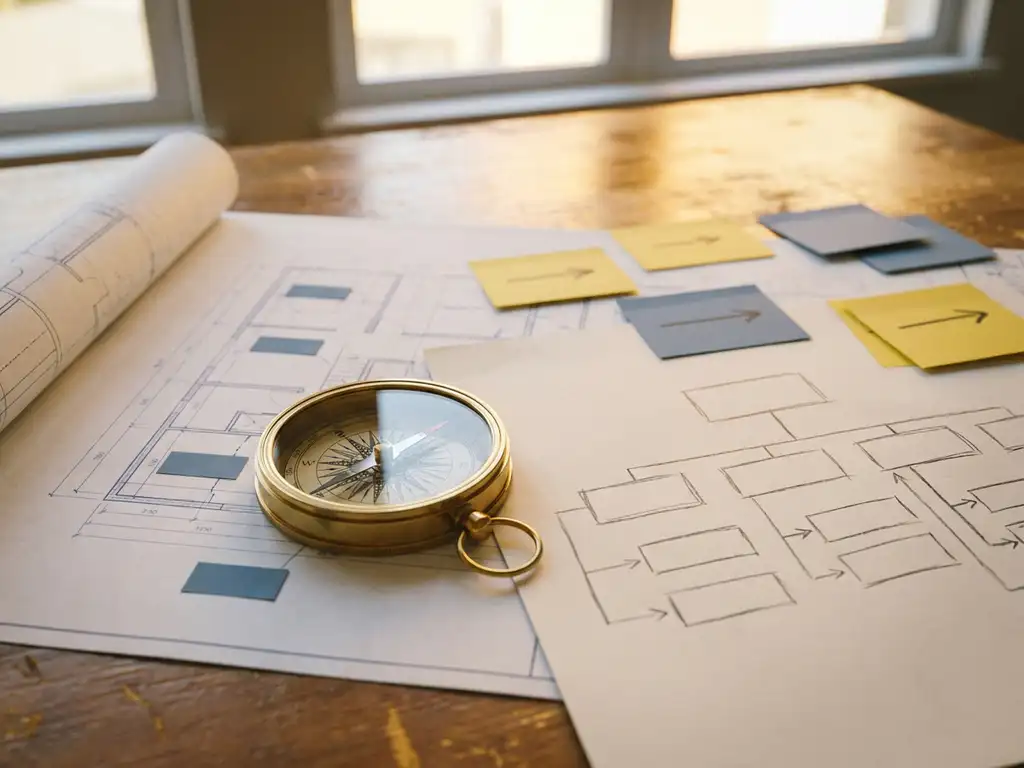 Kompas op architectuurtekening naast een potlood-organigram en sticky notes met procespijlen, gefotografeerd van bovenaf in warm kantoorlicht.
