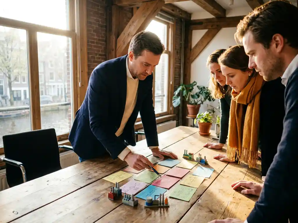 Consultant begeleidt klein team rond houten tafel met proceskaarten en fabrieksminiaturen tijdens simulatie, Amsterdams kantoor met hoge ramen.