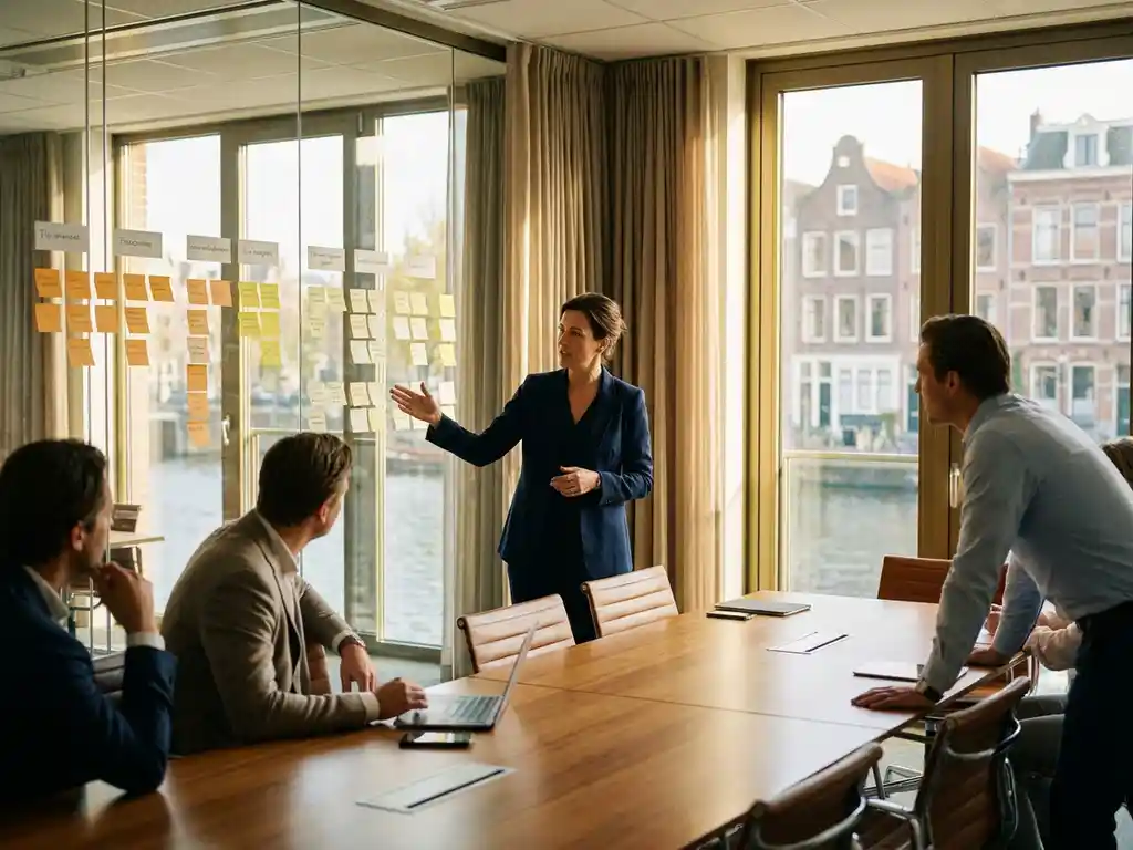Leider presenteert processtroomschema met sticky notes op glazen wand aan collega's in modern Amsterdams kantoor met natuurlijk licht.