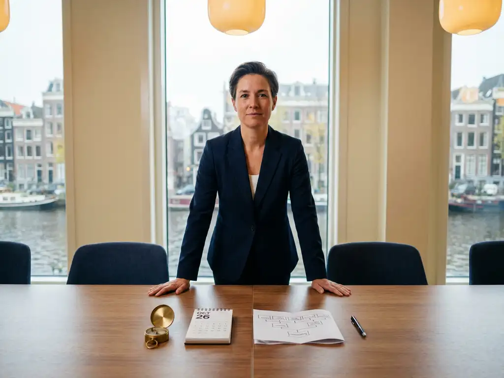 Manager aan conferentietafel met kompas, kalender, organigram en pen als symbolen van leiderschapsverantwoordelijkheden, Amsterdams kantoor.