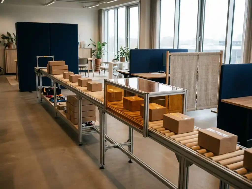 Fabrieksmatige lopende band met kartonnen dozen, gestroomlijnd gedeelte zichtbaar sneller dan rommelig deel, modern Nederlands kantoor op de achtergrond.
