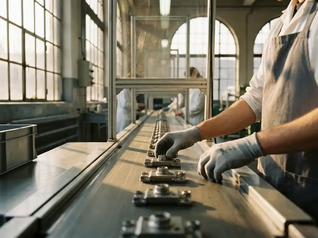Handen van een fabrieksmedewerker die identieke onderdelen ordent op een strakke assemblagelijn, warm industrieel licht, stalen en amberkleurige tinten.