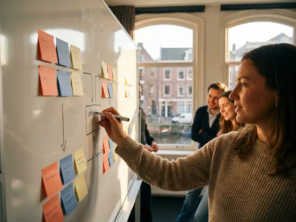 Medewerker tekent stroomdiagram op whiteboard met gekleurde sticky notes in modern Amsterdams kantoor, collega's kijken toe.