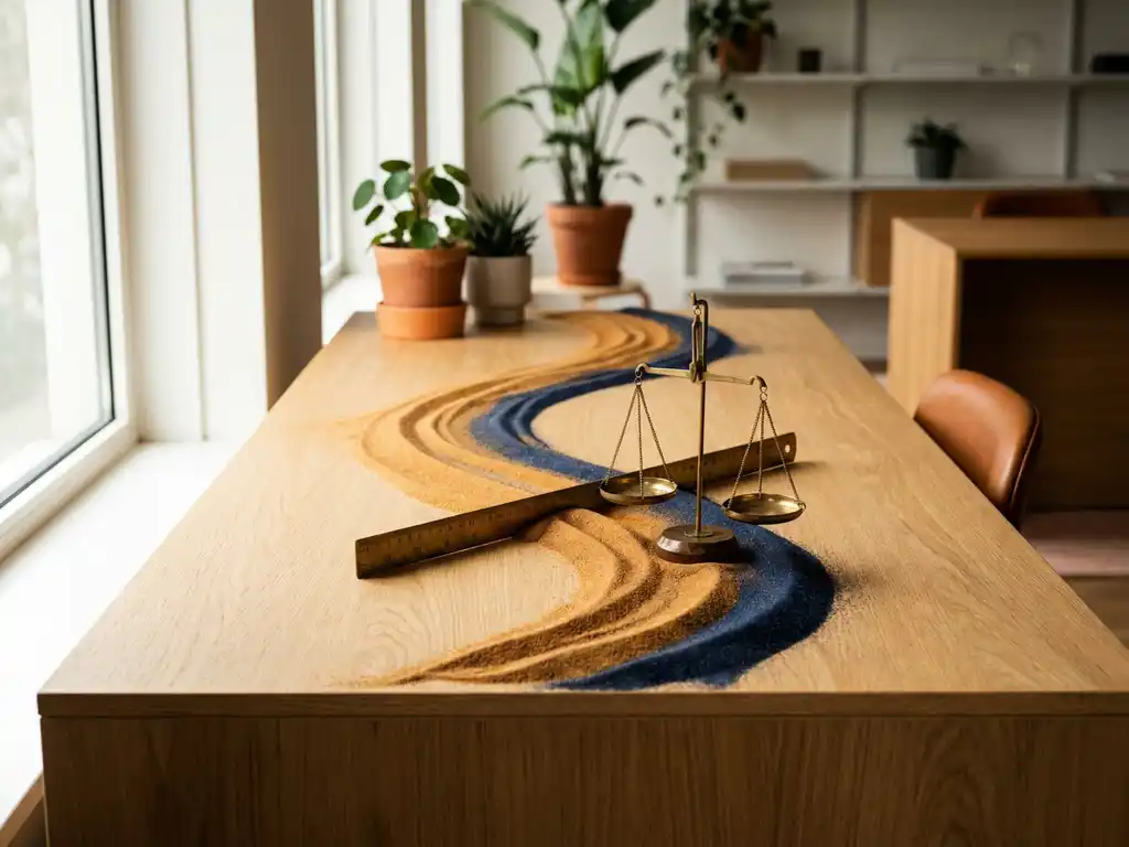 Houten bureau met gekleurde zandstroom, meetliniaal en messing balansweegschaal in warm amberkleurig licht.
