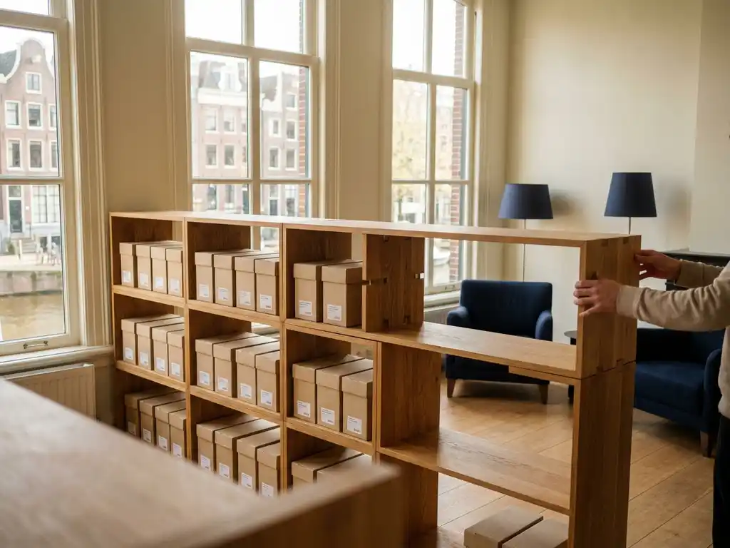 Modulaire houten kast die stap voor stap wordt uitgebreid met identieke secties vol geordende dozen, in een licht Amsterdams kantoor.