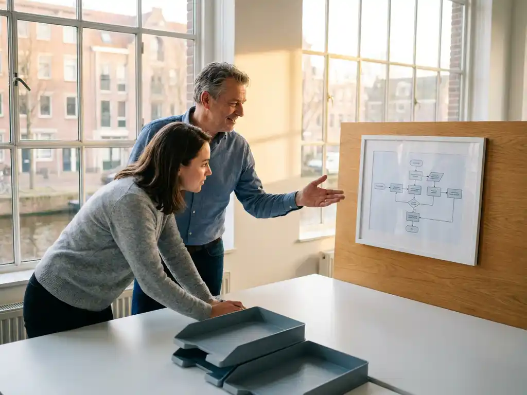 Nieuwe medewerker bestudeert processtroomschema op houten bord, begeleid door collega in licht Amsterdams kantoor.