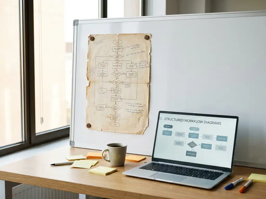 Verouderd papieren stroomdiagram naast laptop met digitale werkstroomdiagrammen op een licht eiken bureau met koffiekopje en sticky notes.