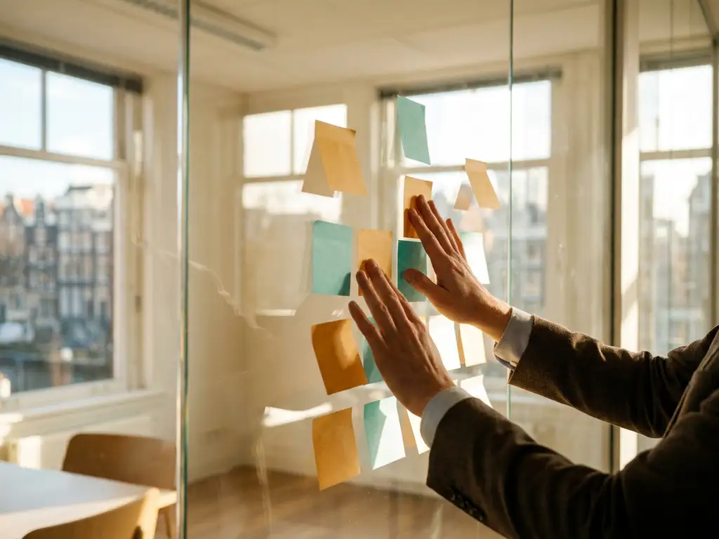 Consultant ordent kleurgecodeerde sticky notes tot een stroomdiagram op glazen wand in licht Amsterdams kantoor.