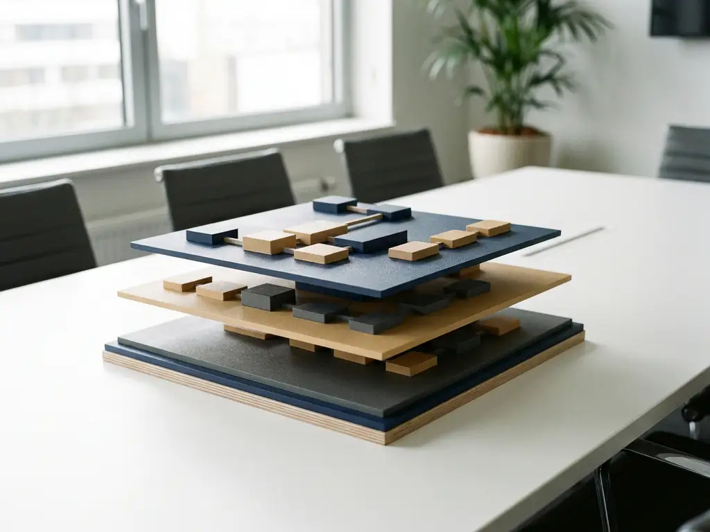 Gelaagd procesarchitectuurmodel in marine- en zandtinten op witte vergadertafel, vier platformniveaus in oplopende hiërarchie.