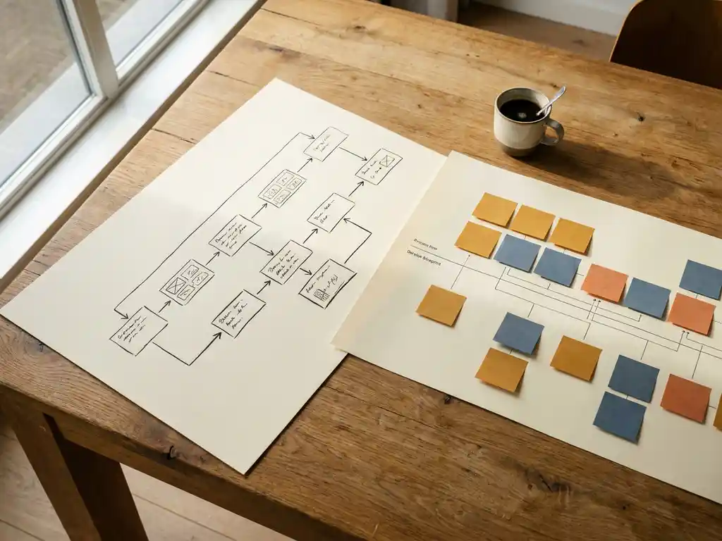 Bovenaanzicht van een eikenhouten bureau met processtroomschema en service blueprint met gekleurde sticky notes, koffiekopje, natuurlijk licht.