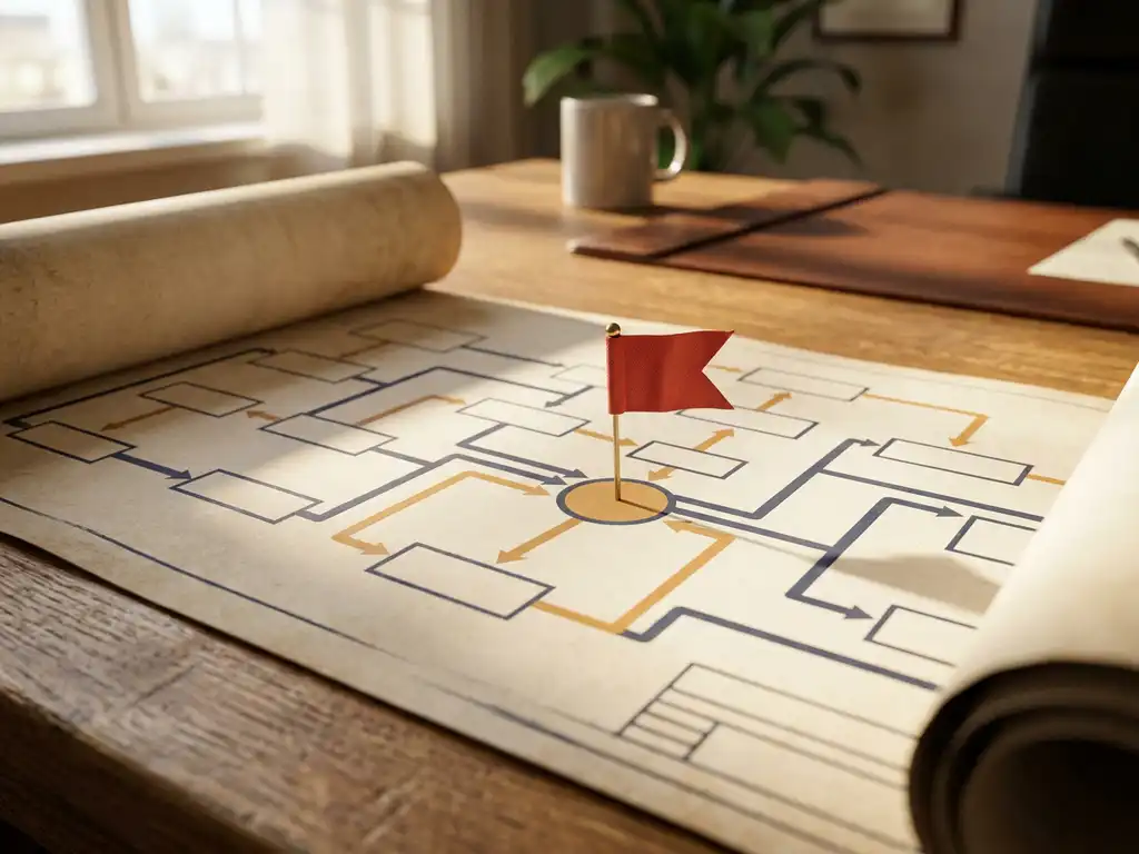 Processtroomdiagram op eiken bureau met rood waarschuwingsvlaggetje op kritiek knooppunt, warm natuurlijk licht.