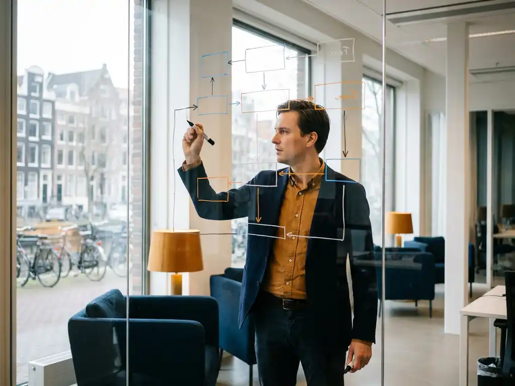 Professional traceert kleurgecodeerde processtroomdiagrammen op glazen whiteboard in modern Amsterdams kantoor met grote ramen.