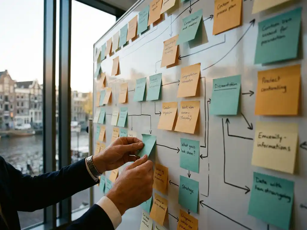 Consultanthanden die een procesflow uitwerken op whiteboard met gekleurde sticky notes, modern Amsterdams kantoor op de achtergrond.