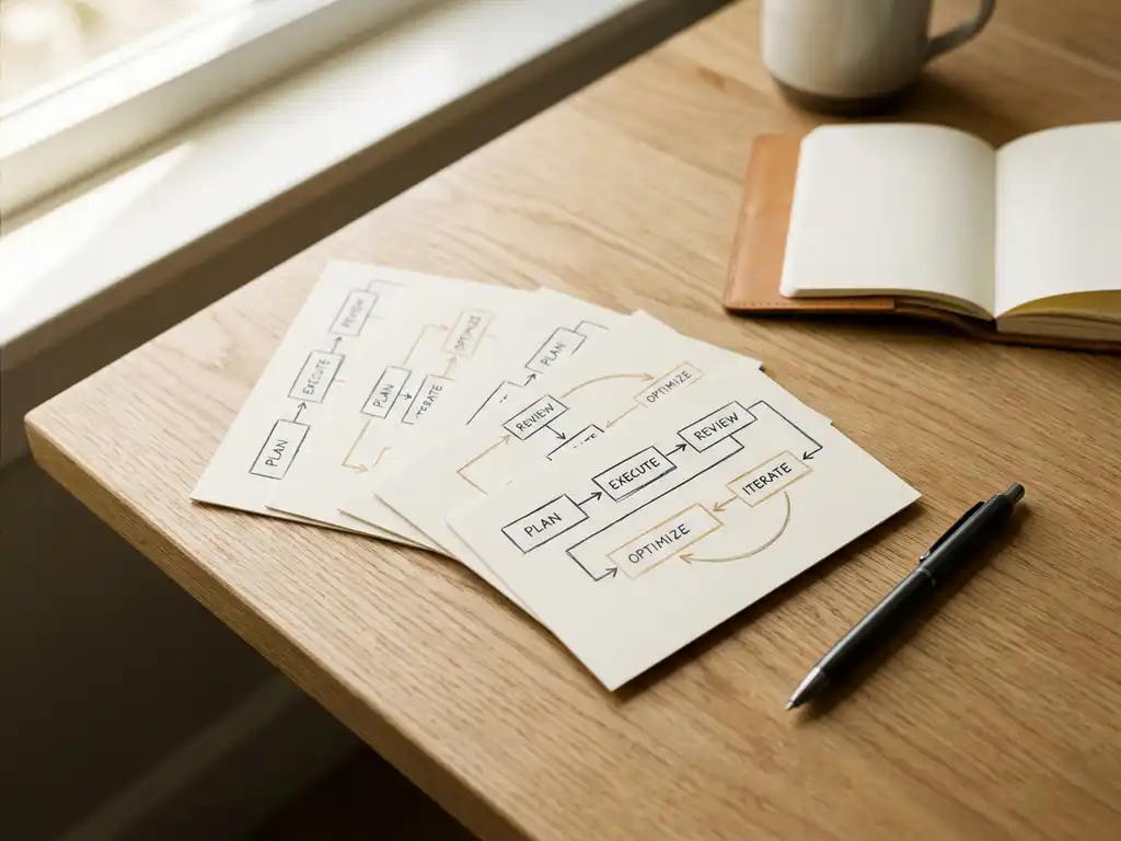 Procesframework-diagrammen op witte kaarten uitgewaaierd op een lichte eiken bureau, met pen en notitieboekje op de achtergrond.