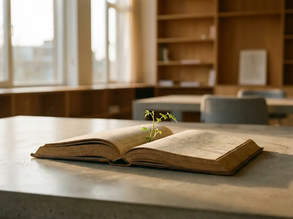 Dik proceshandboek op modern bureau met groen plantje dat tussen de pagina's uitgroeit, Amsterdams kantoor op de achtergrond.