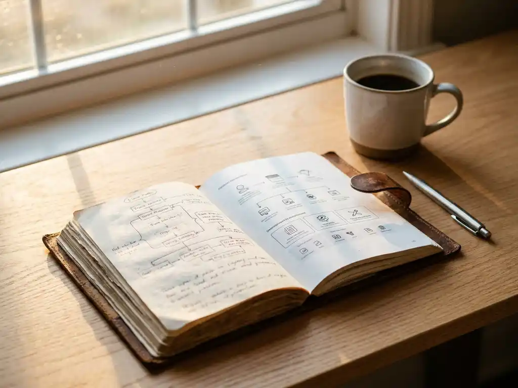 Versleten leren proceskaart open op eikenhouten bureau, met handgetekende flowchart die overgaat in gedrukte diagrammen, koffie en pen erbij.