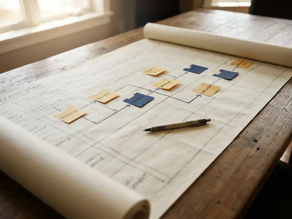 Handgetekende proceskaart met swimlanes en pijlen op houten vergadertafel, kleurrijke sticky notes bij beslispunten, pen liggend op papier.