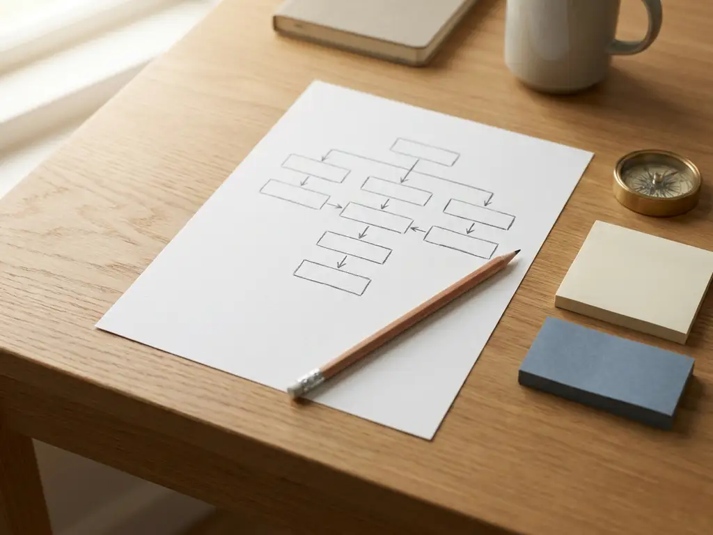 Leeg processchema op wit papier op een eiken bureau, met potlood, kompas en sticky notes in warm natuurlijk licht.