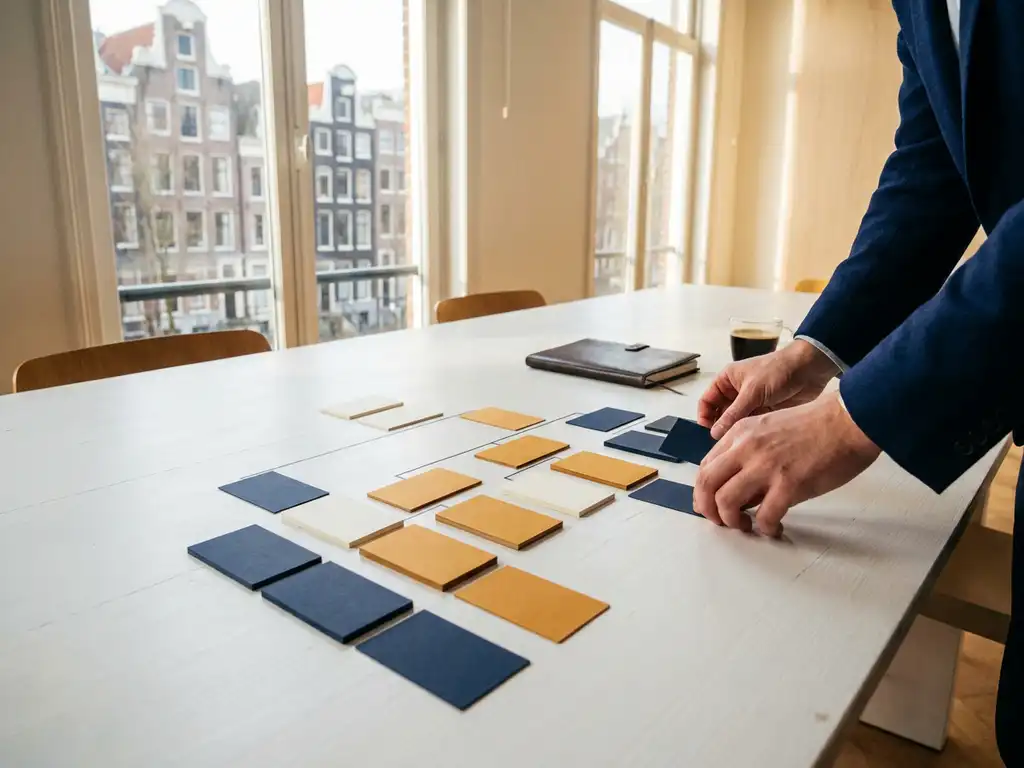 Consultant ordent kleurgecodeerde proceskaarten op wit bureau in modern Amsterdams kantoor met vloer-tot-plafond ramen.