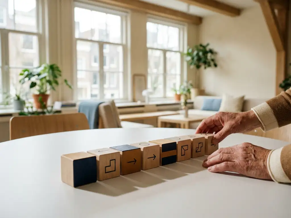 Handen van een consultant die houten procesblokken in een lineaire flow rangschikt op een witte vergadertafel in een Amsterdams kantoor.