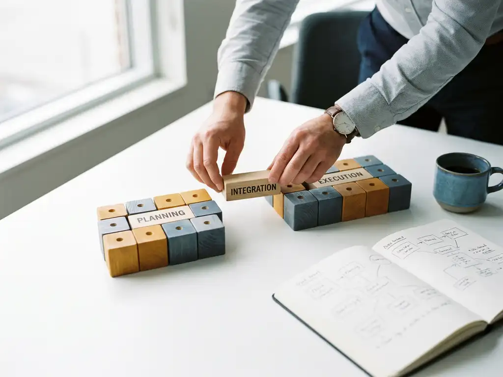 Consultant die houten procesblokken verbindt op een witte vergadertafel, met notitieboek en koffiekopje, zachte natuurlijke belichting.