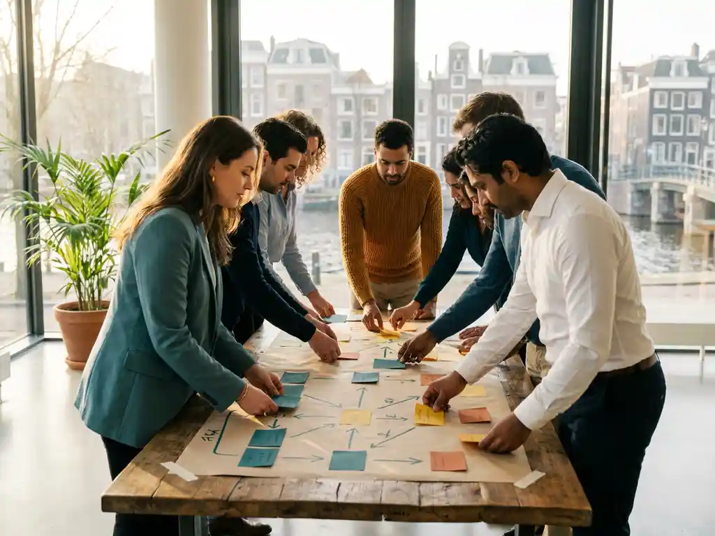 Divers team van professionals rond houten tafel met kleurgecodeerde procesdiagrammen en sticky notes in licht Amsterdams kantoor.