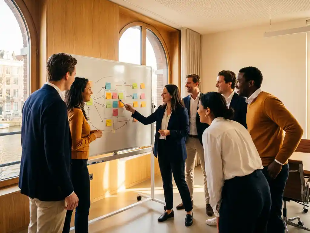 Diverse professionals overleggen rond een whiteboard vol sticky notes en procesdiagrammen in een modern Amsterdams kantoor.
