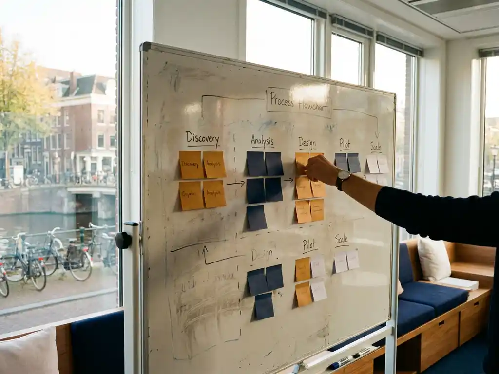 Consultant past gekleurde sticky notes op een processtroomdiagram op een whiteboard in een modern Amsterdams kantoor met vloer-tot-plafondvensters.
