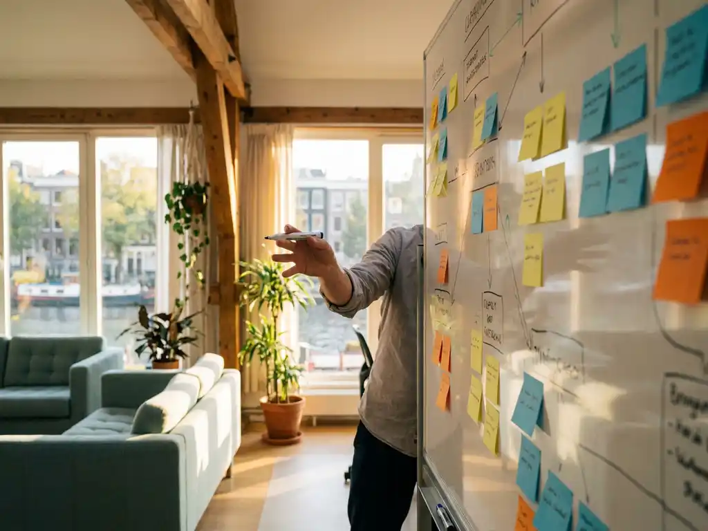 Professional organiseert werkstroomstappen op whiteboard met kleurrijke sticky notes in licht Amsterdams kantoor.