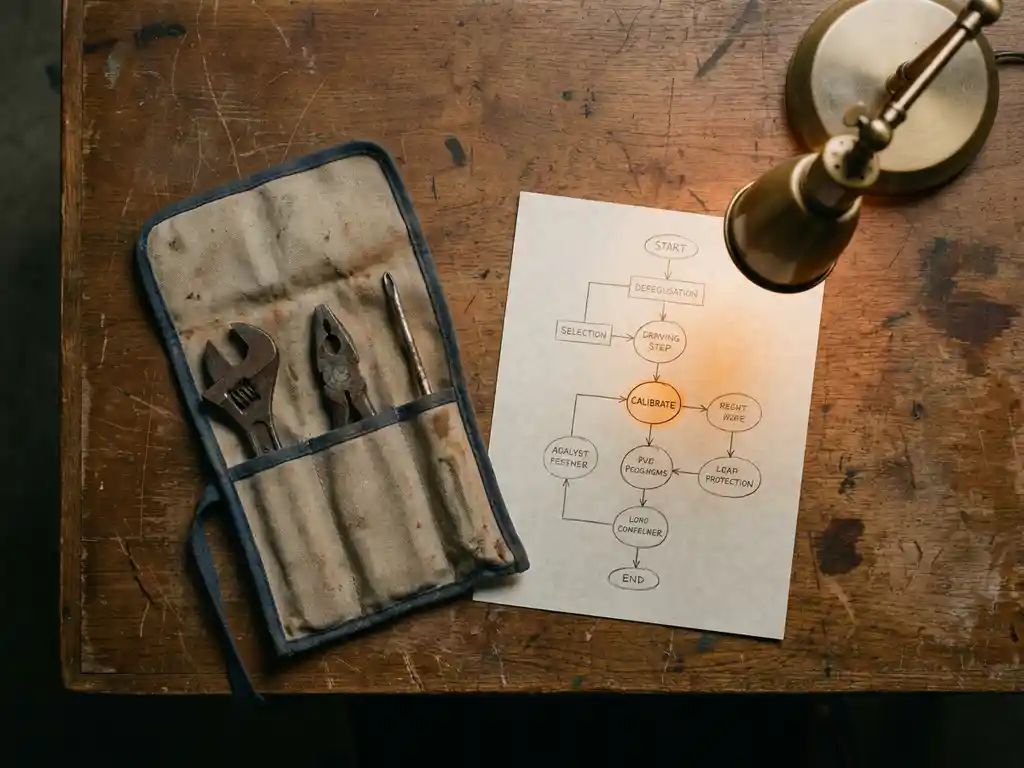 Houten bureau met handgereedschap naast een handgetekend processtroomdiagram, één stap verlicht door bureaulamp.