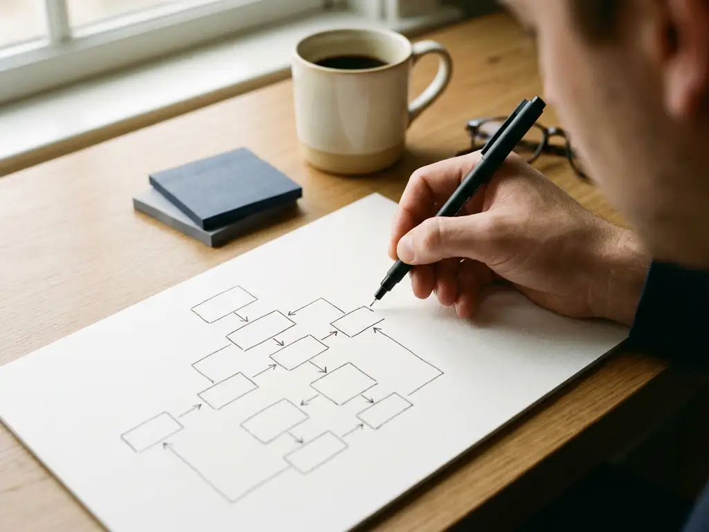 Hand annoteert een processtroomschema op wit papier aan een modern bureau met koffie en sticky notes in warm natuurlijk licht.