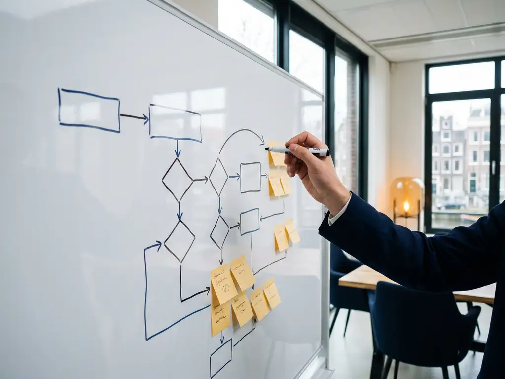 Consultant tekent verbindingspijl op processtroomdiagram op whiteboard met gele sticky notes bij beslispunten, modern Amsterdams kantoor.