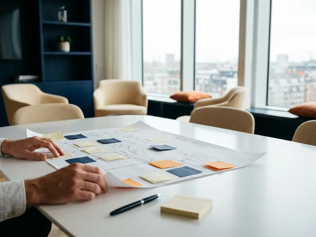 Consultant spreidt processtroomschema uit op witte vergadertafel met sticky notes en pen, natuurlijk licht in modern Amsterdams kantoor.