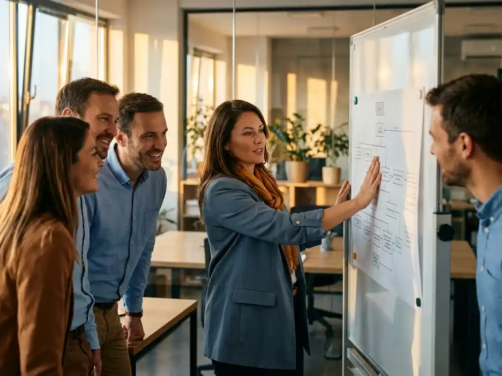 Professional wijst naar processtroomschema op whiteboard tijdens teamoverleg in modern kantoor met warm middaglicht.