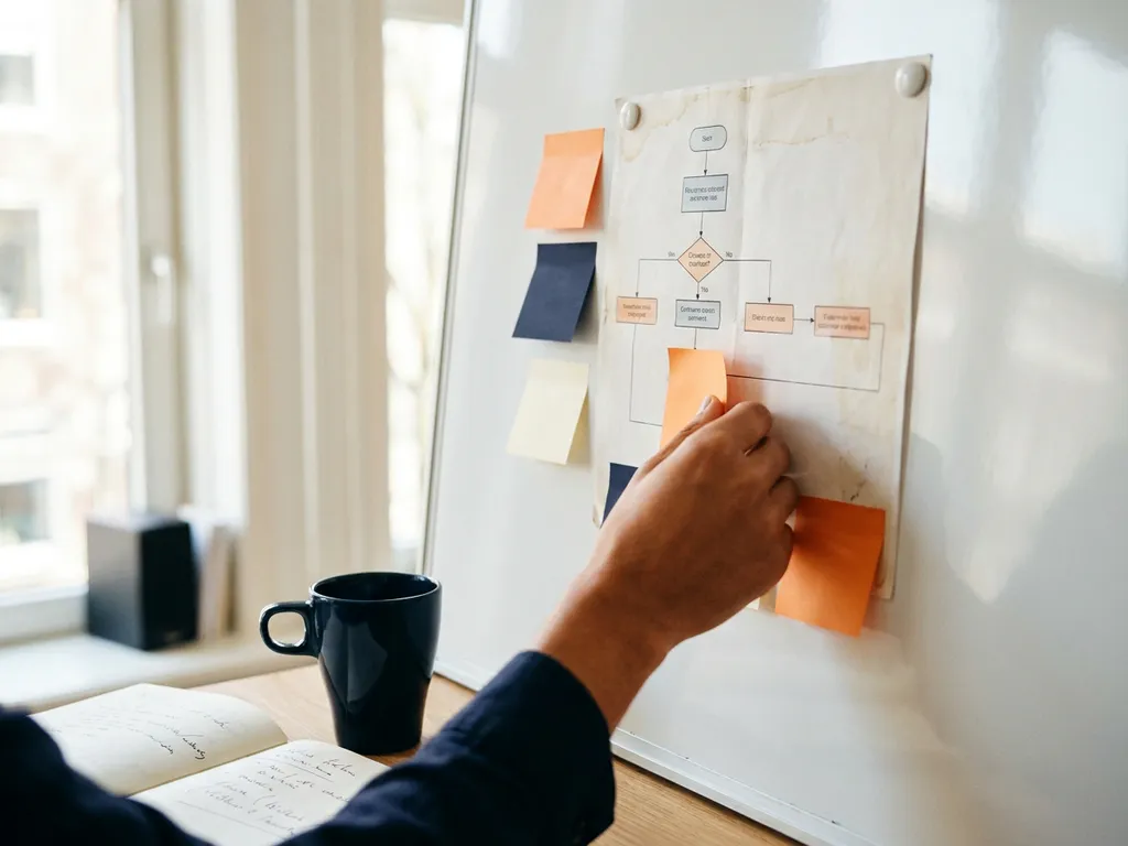 Handen die sticky notes verplaatsen op een processtroomschema aan een whiteboard, met koffie en notitieboek in een Amsterdam kantoor.