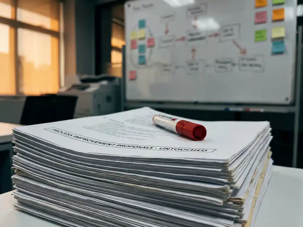 Stapel ongelezen procesverbeteringsdocumenten op kantoorbureau met rode pen, whiteboard met sticky notes en stroomdiagrammen op achtergrond.