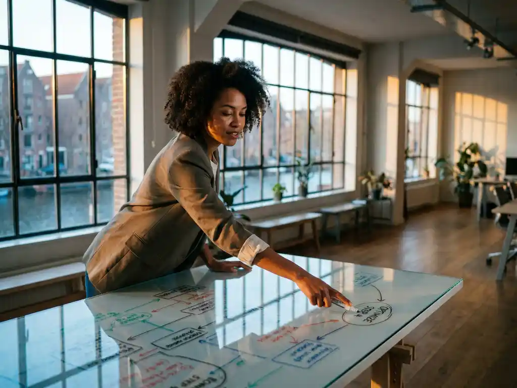 Professional wijst naar een processtap op een whiteboard met stroomdiagrammen in een licht Amsterdams kantoor.