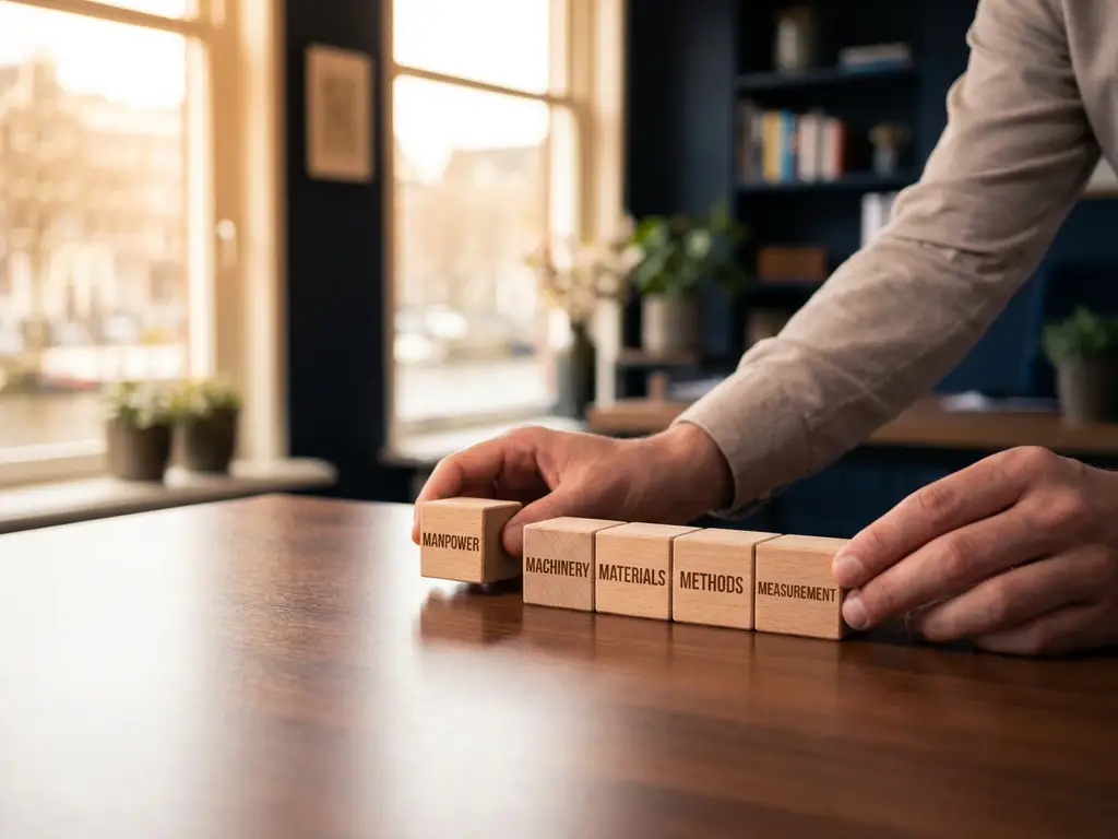 Handen ordenen houten blokken met labels voor de 5M-methode op een modern bureau in een Amsterdams kantoor.
