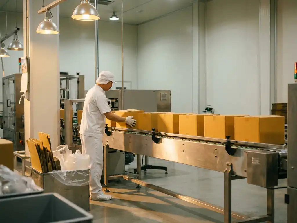 Fabrieksmedewerker ordent zeven productdozen op een lopende band in een moderne, goed verlichte productiefaciliteit.