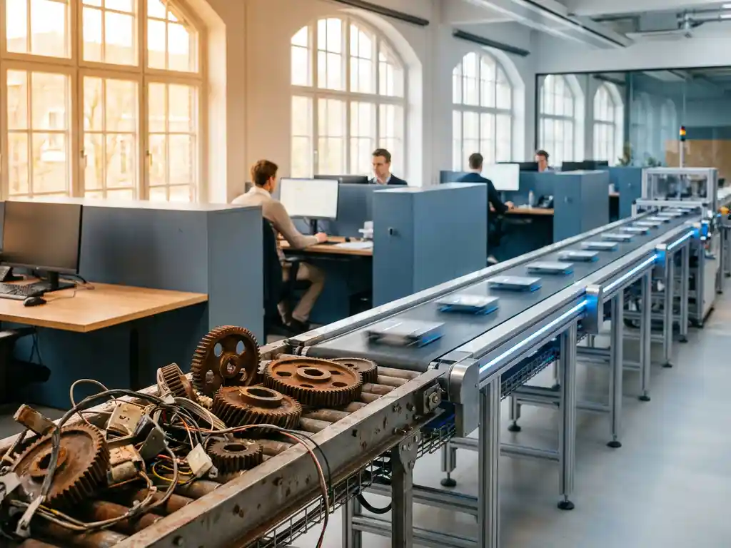 Fabriekstransportband met verwarde tandwielen die overgaan in een soepel gesynchroniseerd mechanisme, in een modern Nederlands kantoor.