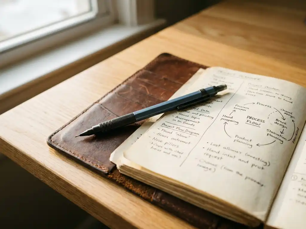 Versleten leren projectplanner naast een handgetekend processtroomdiagram op een eiken bureau, verbonden door een mechanisch potlood.