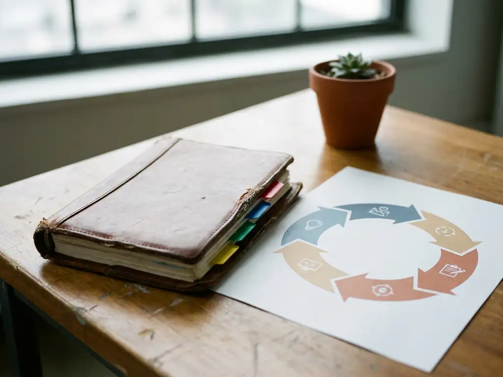 Versleten leren projectplanner met gekleurde tabbladen opengeslagen naast een processtroomdiagram op een gemeentelijk bureau met een vetplantje.