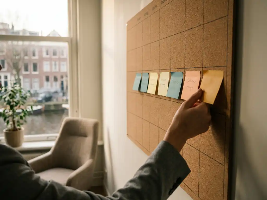Consultant plaatst kleurgecodeerde sticky notes op projectplanningsbord in licht Amsterdams kantoor.
